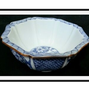 FITZ AND FLOYD Japan Octagon Vegetable Bowl, Ceramic Blue & White w/ Brown rim